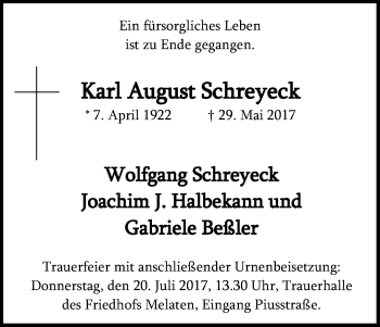 Anzeige von Karl August Schreyeck von Kölner Stadt-Anzeiger / Kölnische Rundschau / Express