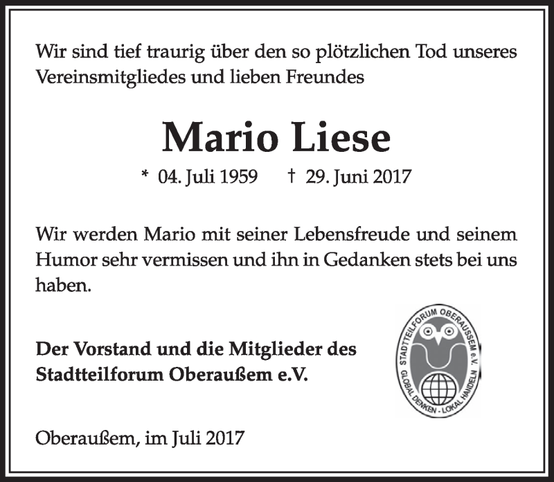 Traueranzeige für Mario Liese vom 15.07.2017 aus  Sonntags-Post 