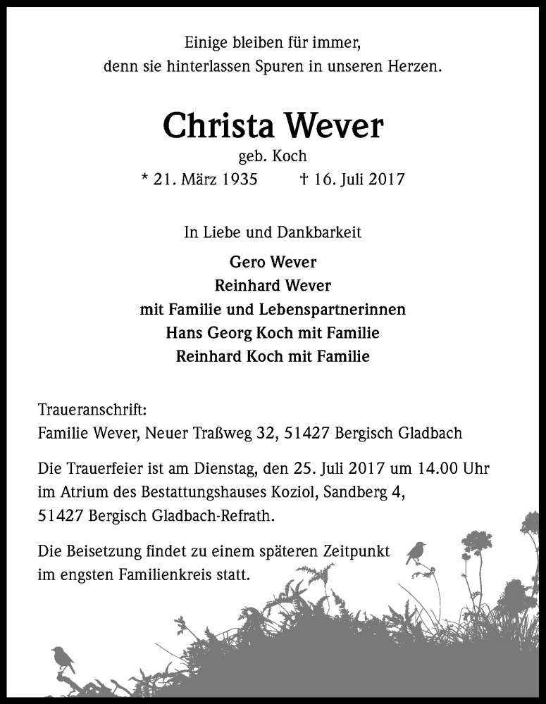  Traueranzeige für Christa Wever vom 20.07.2017 aus Kölner Stadt-Anzeiger / Kölnische Rundschau / Express
