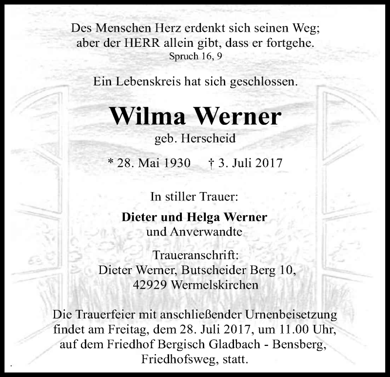  Traueranzeige für Wilma Werner vom 22.07.2017 aus Kölner Stadt-Anzeiger / Kölnische Rundschau / Express