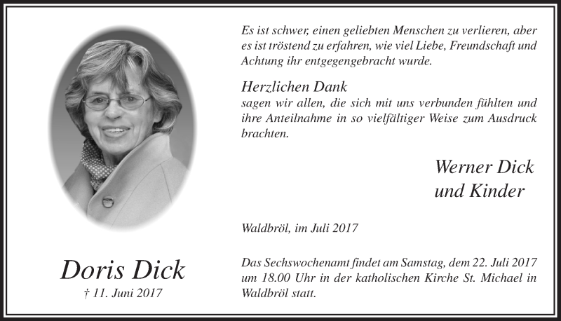  Traueranzeige für Doris Dick vom 19.07.2017 aus  Lokalanzeiger 