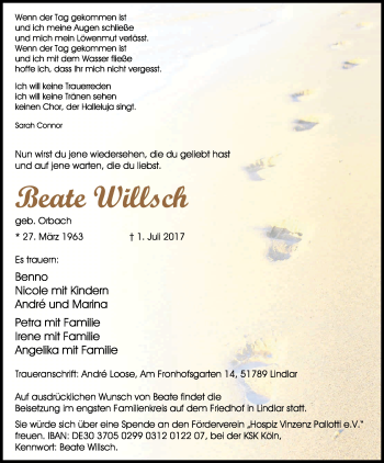 Anzeige von Beate Willsch von Kölner Stadt-Anzeiger / Kölnische Rundschau / Express