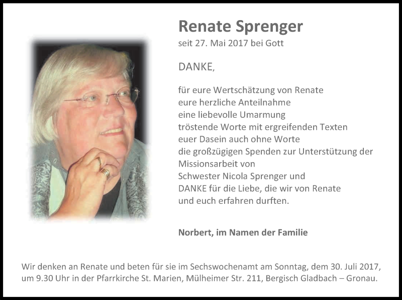  Traueranzeige für Renate Sprenger vom 26.07.2017 aus Kölner Stadt-Anzeiger / Kölnische Rundschau / Express