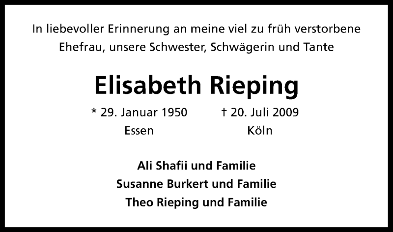  Traueranzeige für Elisabeth Rieping vom 20.07.2017 aus Kölner Stadt-Anzeiger / Kölnische Rundschau / Express