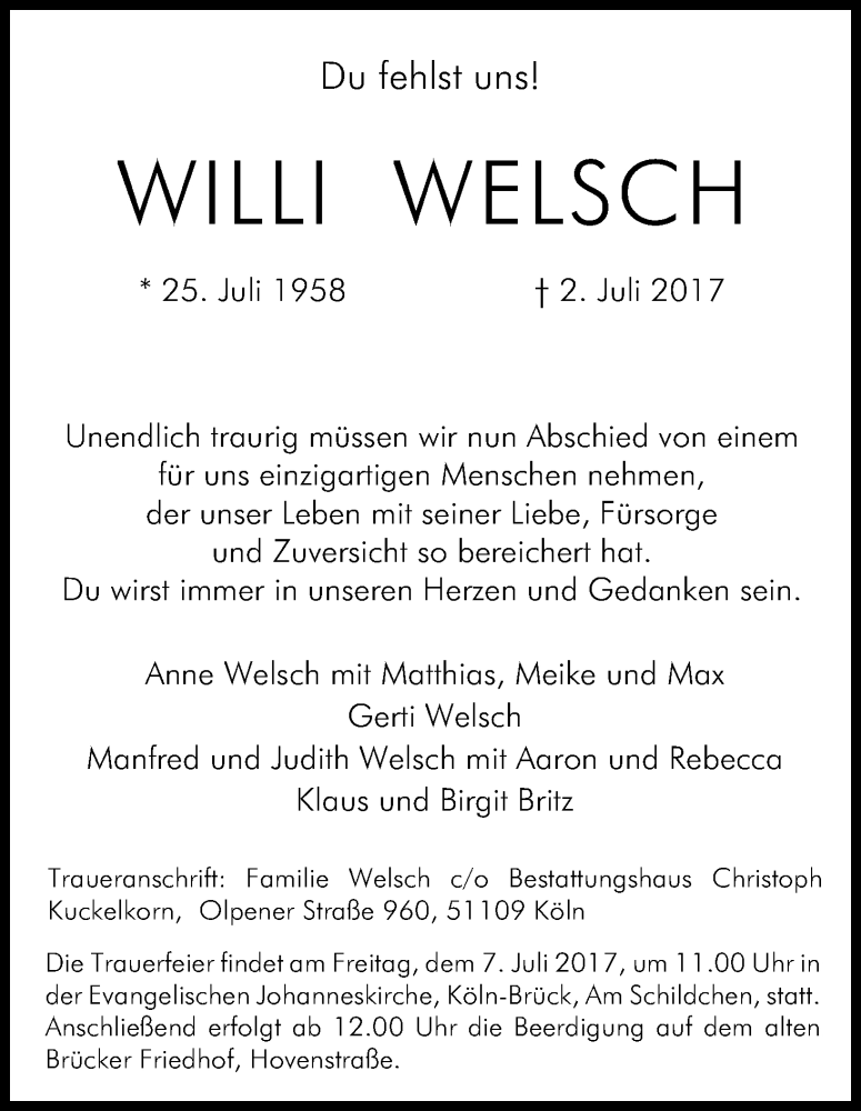  Traueranzeige für Willi Welsch vom 05.07.2017 aus Kölner Stadt-Anzeiger / Kölnische Rundschau / Express