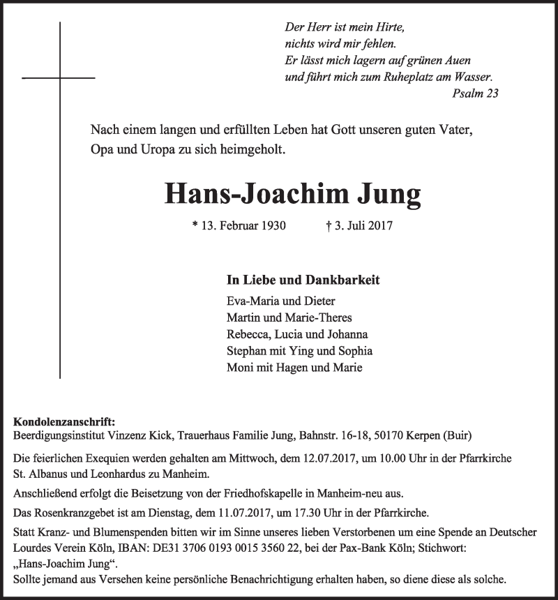  Traueranzeige für Hans-Joachim Jung vom 08.07.2017 aus  Sonntags-Post 
