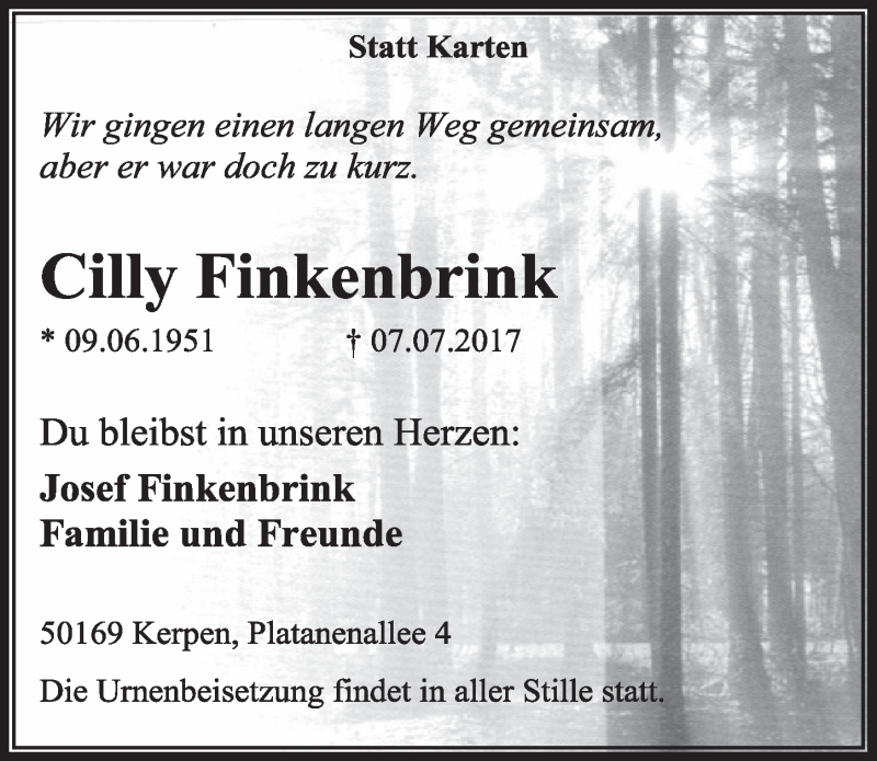  Traueranzeige für Cilly Finkenbrink vom 15.07.2017 aus  Sonntags-Post 
