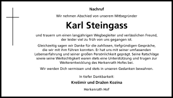 Anzeige von Karl Steingass von Kölner Stadt-Anzeiger / Kölnische Rundschau / Express