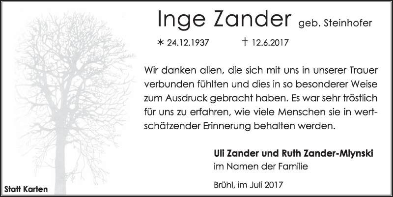  Traueranzeige für Inge Zander vom 12.07.2017 aus  Schlossbote/Werbekurier 