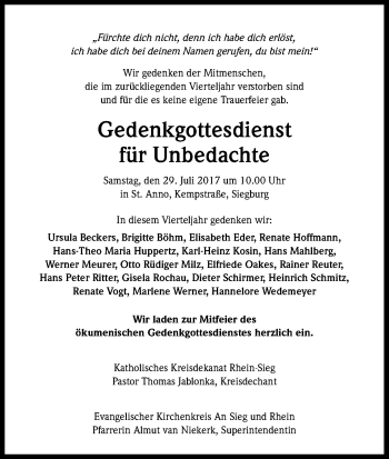 Anzeige von Totentafel vom 22.07.2017 von Kölner Stadt-Anzeiger / Kölnische Rundschau / Express