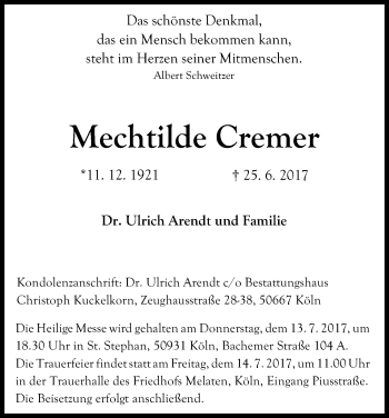 Anzeige von Mechthilde Cremer von Kölner Stadt-Anzeiger / Kölnische Rundschau / Express