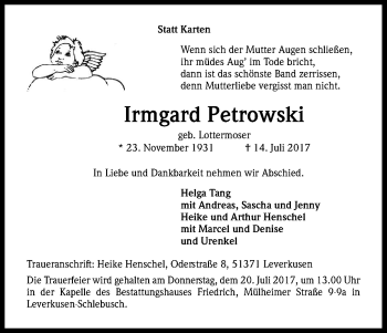 Anzeige von Irmgard Petrowski von Kölner Stadt-Anzeiger / Kölnische Rundschau / Express