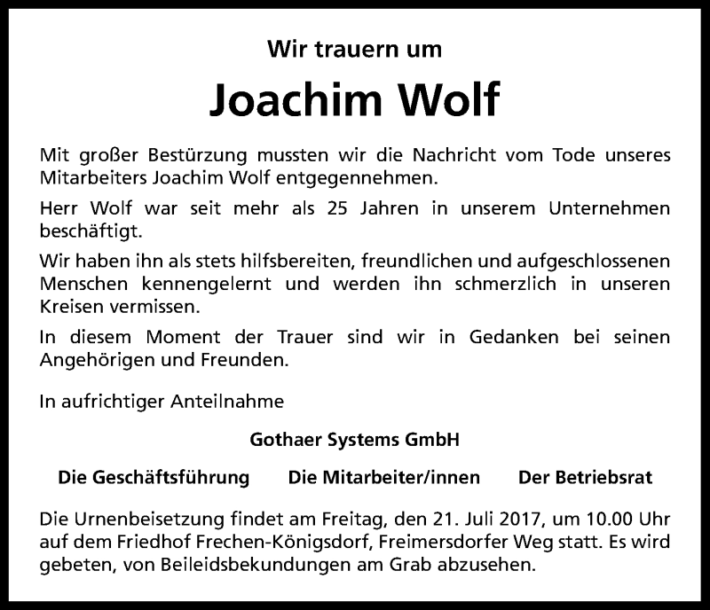  Traueranzeige für Joachim Wolf vom 19.07.2017 aus Kölner Stadt-Anzeiger / Kölnische Rundschau / Express