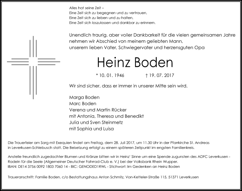  Traueranzeige für Heinz Boden vom 22.07.2017 aus Kölner Stadt-Anzeiger / Kölnische Rundschau / Express