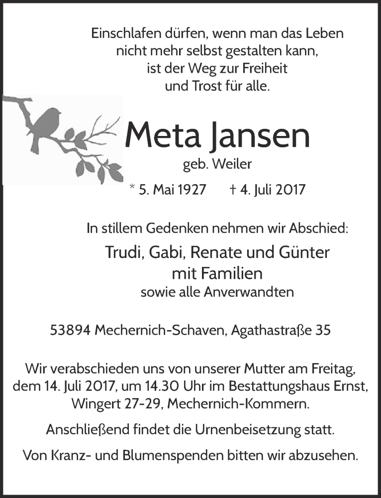  Traueranzeige für Meta Jansen vom 08.07.2017 aus  Blickpunkt Euskirchen 