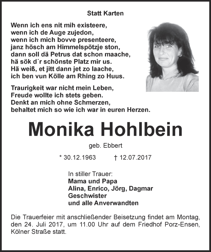  Traueranzeige für Monika Hohlbein vom 19.07.2017 aus  Kölner Wochenspiegel 