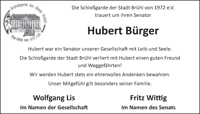  Traueranzeige für Hubert Bürger vom 26.07.2017 aus  Schlossbote/Werbekurier 