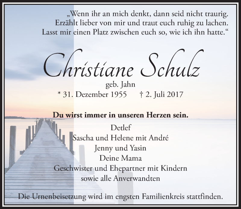  Traueranzeige für Christiane Schulz vom 08.07.2017 aus  Bergisches Sonntagsblatt 