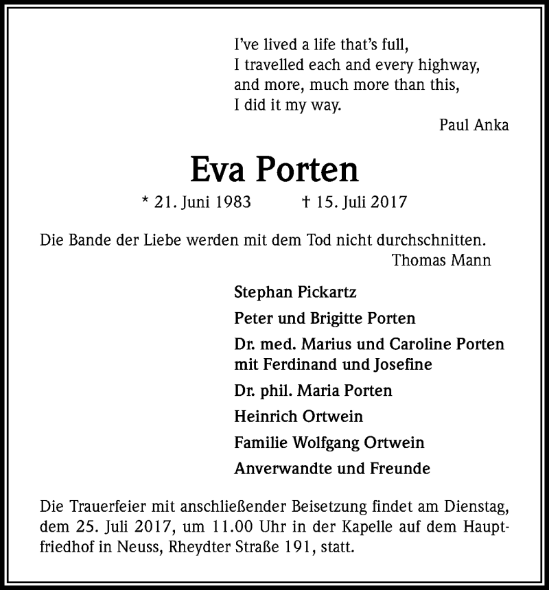  Traueranzeige für Eva Porten vom 22.07.2017 aus Kölner Stadt-Anzeiger / Kölnische Rundschau / Express