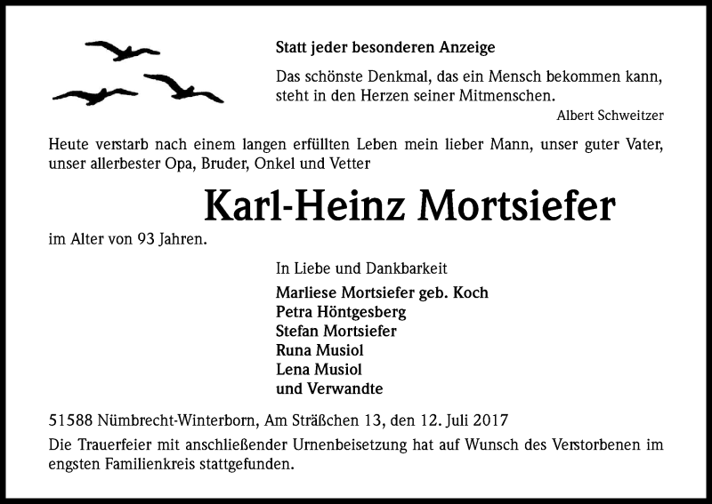  Traueranzeige für Karl-Heinz Mortsiefer vom 22.07.2017 aus Kölner Stadt-Anzeiger / Kölnische Rundschau / Express