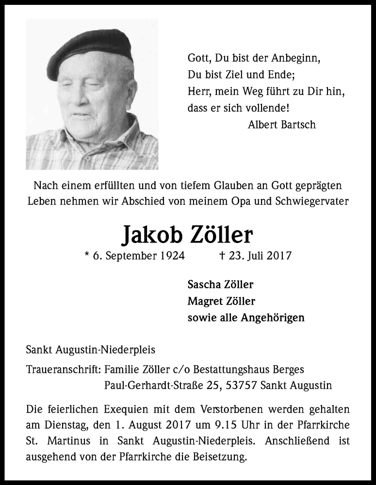  Traueranzeige für Jakob Zöller vom 26.07.2017 aus Kölner Stadt-Anzeiger / Kölnische Rundschau / Express
