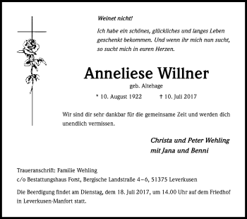 Anzeige von Anneliese Willner von Kölner Stadt-Anzeiger / Kölnische Rundschau / Express