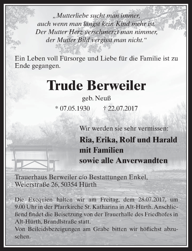  Traueranzeige für Trude Berweiler vom 26.07.2017 aus  Wochenende 