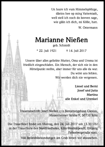 Anzeige von Marianne Nießen von Kölner Stadt-Anzeiger / Kölnische Rundschau / Express