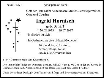 Anzeige von Ingrid Hornisch von Kölner Stadt-Anzeiger / Kölnische Rundschau / Express