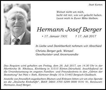 Anzeige von Hermann Josef Berger von Kölner Stadt-Anzeiger / Kölnische Rundschau / Express