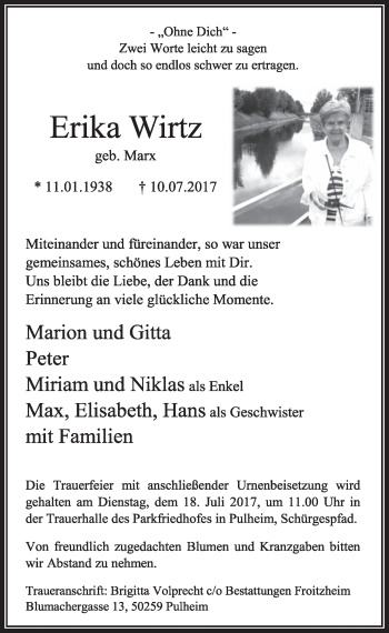 Anzeige von Erika Wirtz von  Sonntags-Post 