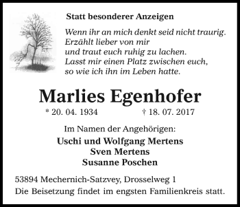 Anzeige von Marlies Egenhofer von Kölner Stadt-Anzeiger / Kölnische Rundschau / Express