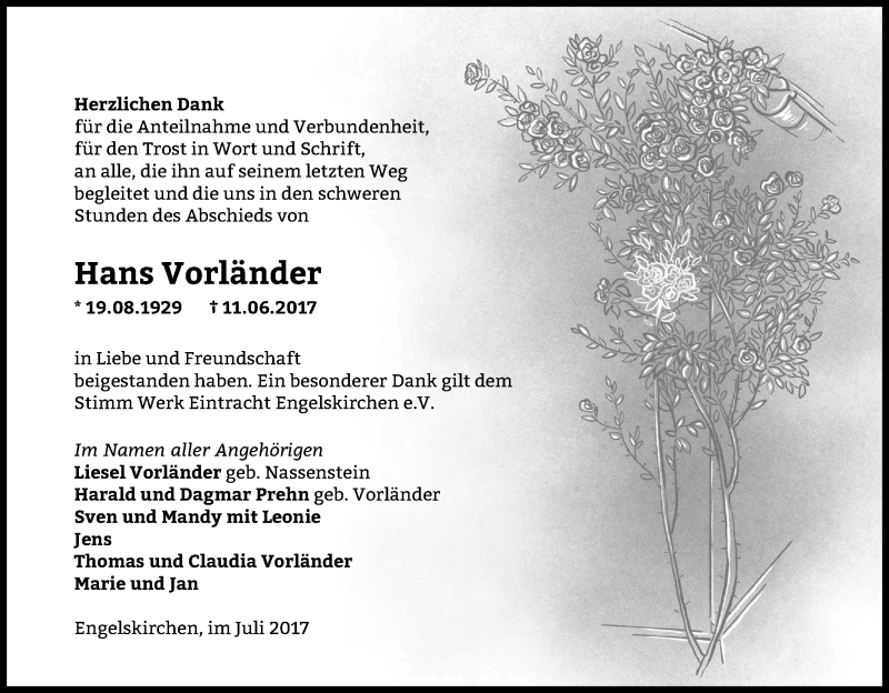  Traueranzeige für Hans Vorländer vom 22.07.2017 aus Kölner Stadt-Anzeiger / Kölnische Rundschau / Express
