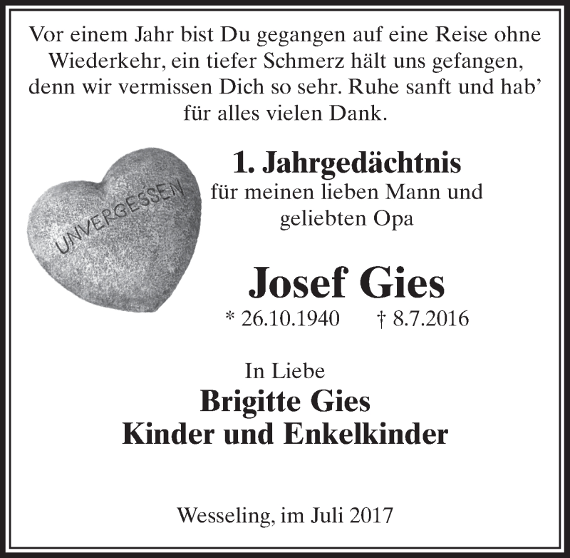  Traueranzeige für Josef Gies vom 05.07.2017 aus  Schlossbote/Werbekurier 