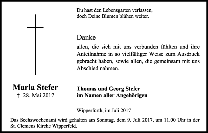  Traueranzeige für Maria Stefer vom 04.07.2017 aus Kölner Stadt-Anzeiger / Kölnische Rundschau / Express