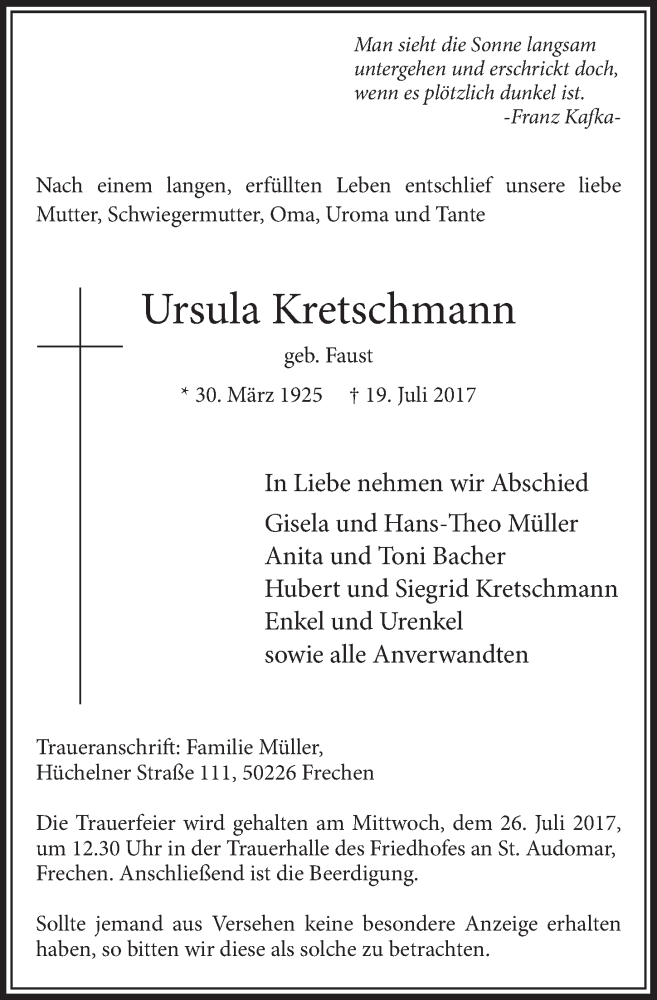  Traueranzeige für Ursula Kretschmann vom 22.07.2017 aus  Sonntags-Post 