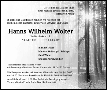 Anzeige von Hanns Wilhelm Wolter von Kölner Stadt-Anzeiger / Kölnische Rundschau / Express
