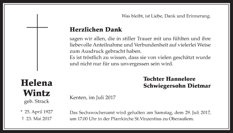  Traueranzeige für Helena Wintz vom 15.07.2017 aus  Werbepost 