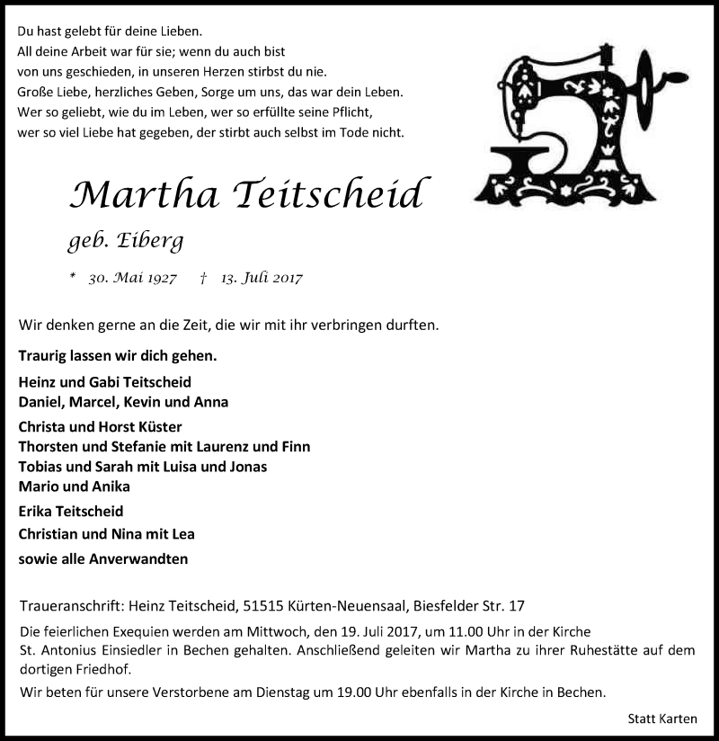  Traueranzeige für Martha Teitscheid vom 15.07.2017 aus Kölner Stadt-Anzeiger / Kölnische Rundschau / Express