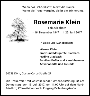 Anzeige von Rosemarie Klein von Kölner Stadt-Anzeiger / Kölnische Rundschau / Express