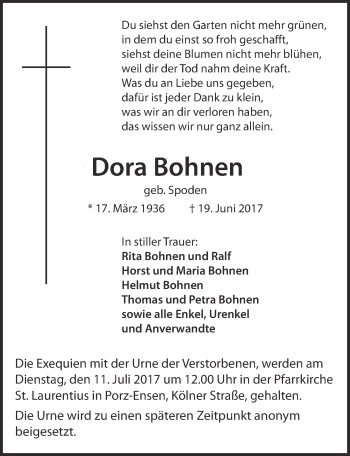 Anzeige von Dora Bohnen von  Kölner Wochenspiegel 