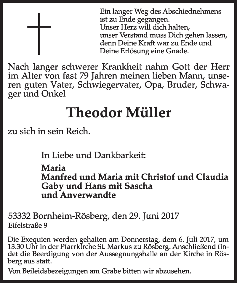  Traueranzeige für Theodor Müller vom 05.07.2017 aus  Schlossbote/Werbekurier 