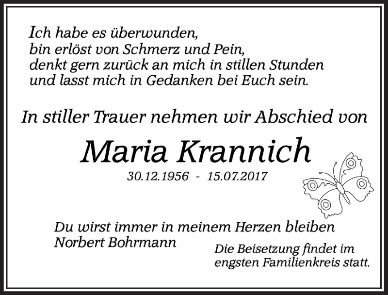  Traueranzeige für Maria Krannich vom 26.07.2017 aus  Bergisches Handelsblatt 