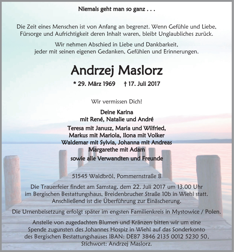 Traueranzeige für Andrzej Maslorz vom 19.07.2017 aus  Lokalanzeiger 