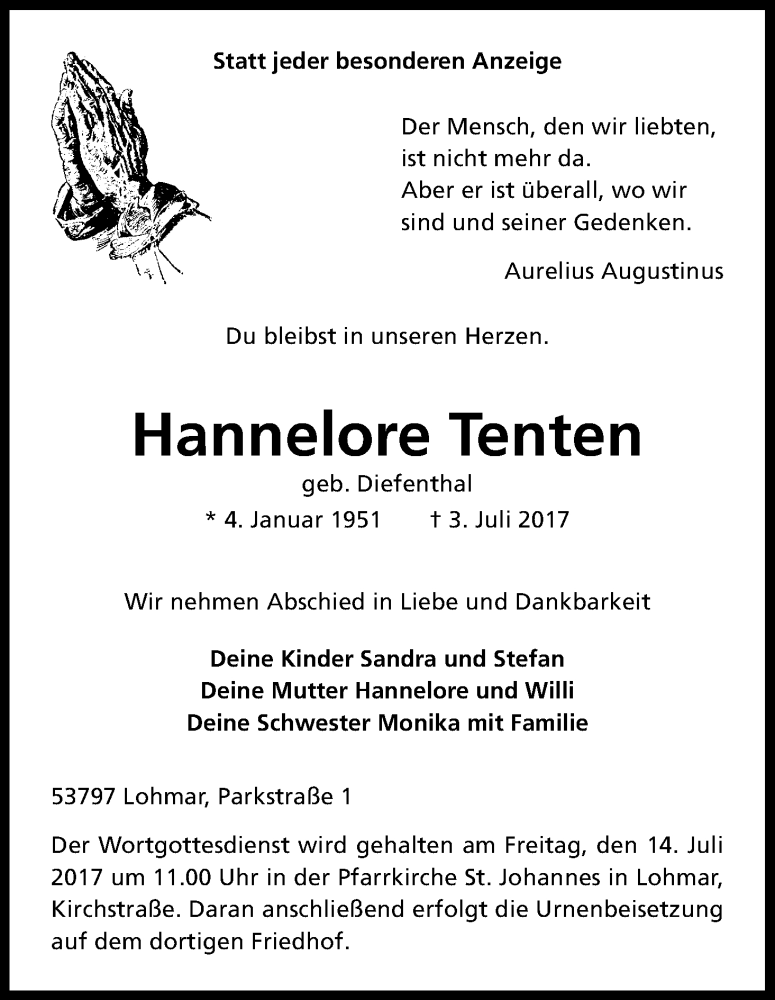  Traueranzeige für Hannelore Tenten vom 12.07.2017 aus Kölner Stadt-Anzeiger / Kölnische Rundschau / Express