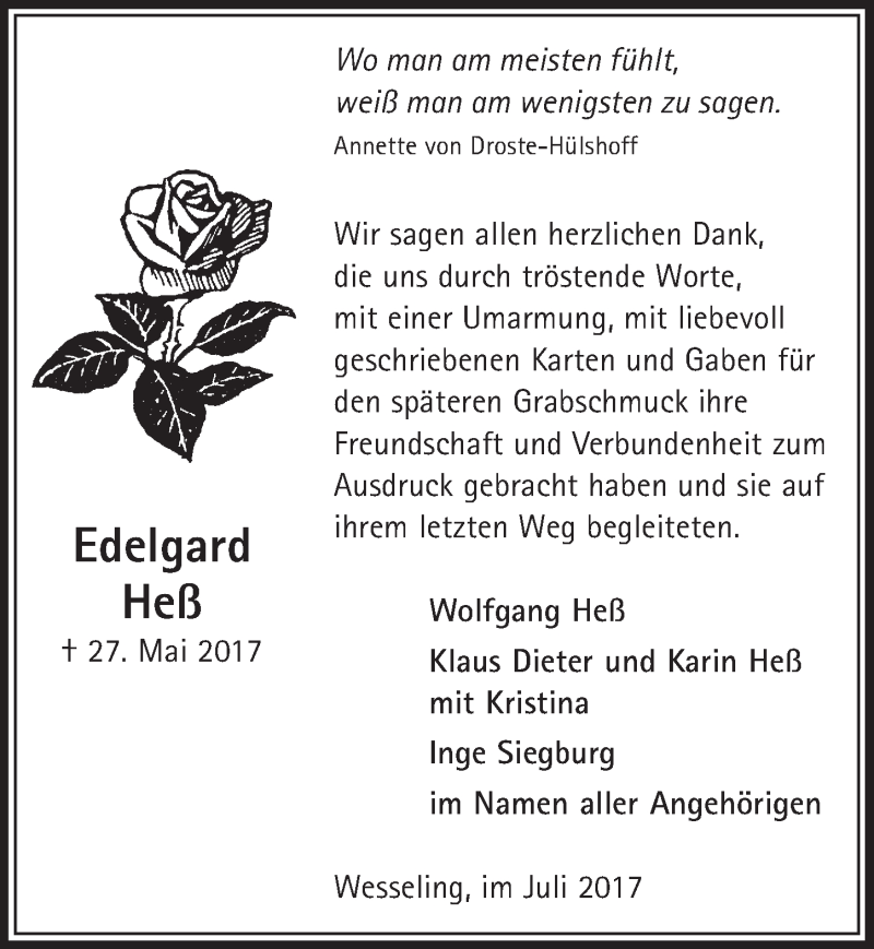  Traueranzeige für Edelgard Heß vom 12.07.2017 aus  Schlossbote/Werbekurier 
