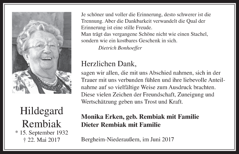  Traueranzeige für Hildegard Rembiak vom 05.07.2017 aus  Werbepost 