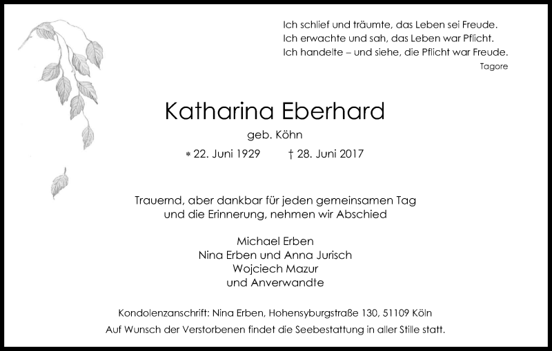  Traueranzeige für Katharina Eberhard vom 08.07.2017 aus Kölner Stadt-Anzeiger / Kölnische Rundschau / Express