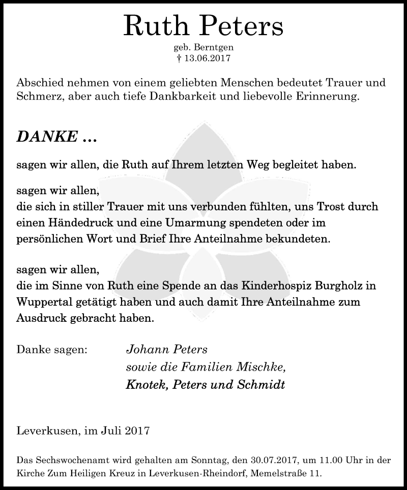  Traueranzeige für Ruth Peters vom 22.07.2017 aus Kölner Stadt-Anzeiger / Kölnische Rundschau / Express