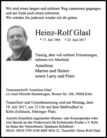 Anzeige von Heinz-Rolf Glasl von Kölner Stadt-Anzeiger / Kölnische Rundschau / Express